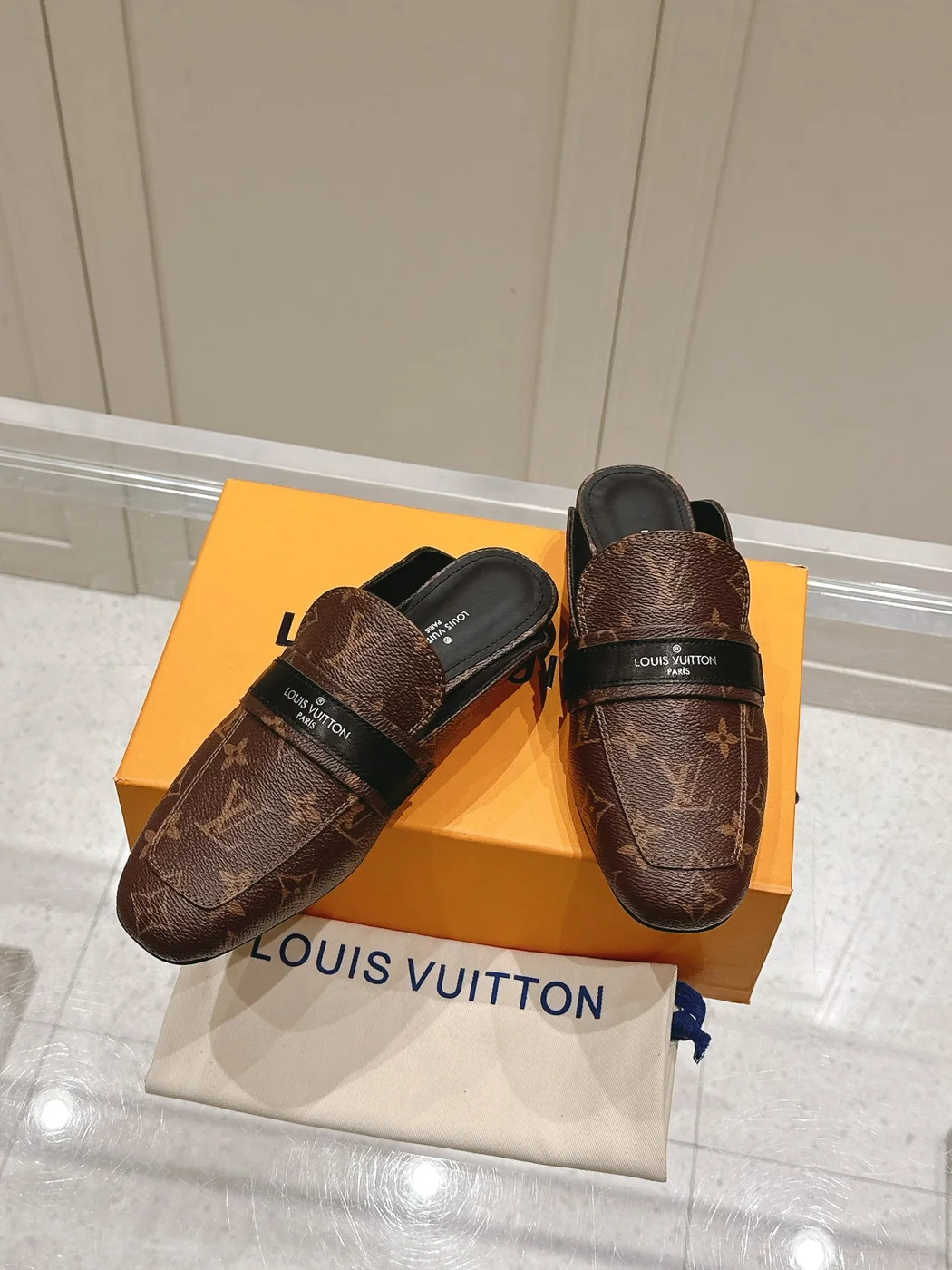 Louis Vuitton Women Brown Leather Monogram Mules — Black Strap Detail product view 5