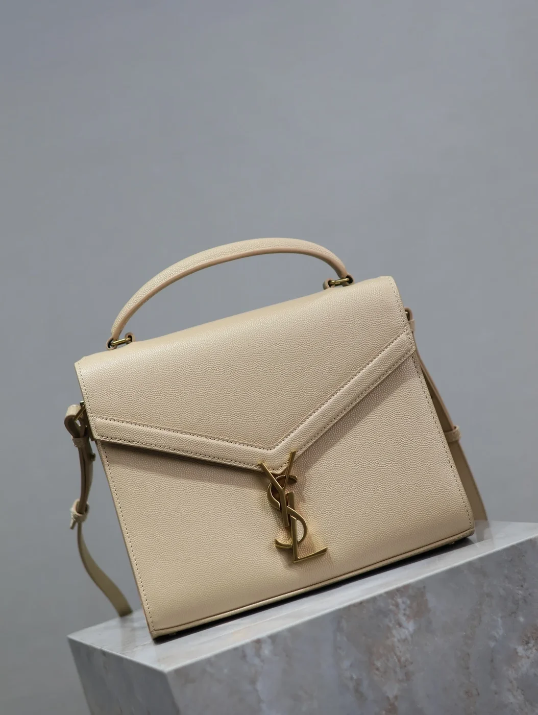 Saint Laurent Cassandra Top Handle Bag Medium In Beige Calfskin Gold Hardware product view 9