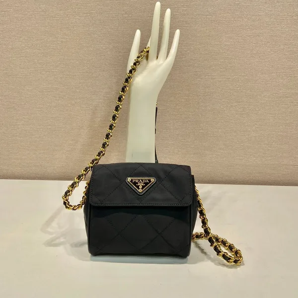 Prada Mini Quilted Flap Bag 14 In Black Re-Nylon Fabric Gold Chain product photo