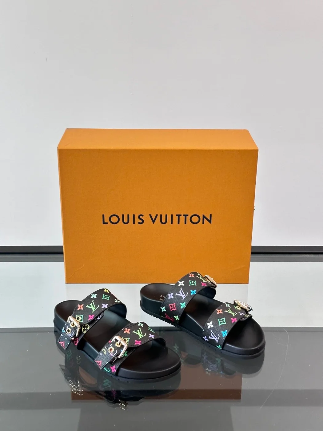 Louis Vuitton Men Black Leather Multicolor Monogram Slides product view 5