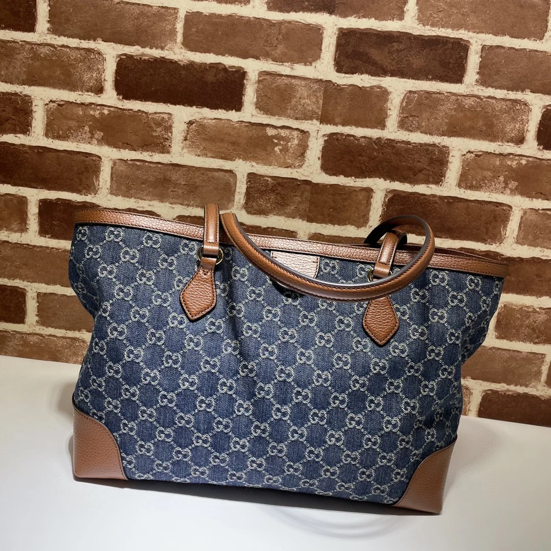 Gucci Medium Tote GG Denim Bag Brown Navy blue Leather product view 3