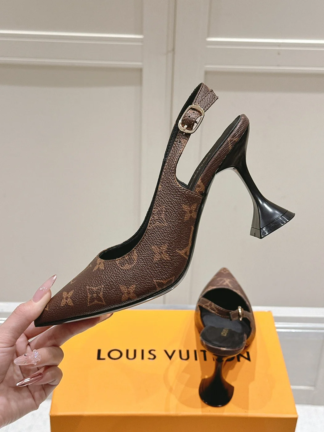 Louis Vuitton Women Brown Leather Patterned Slingback Heels product view 6