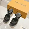 Louis Vuitton Women Black Leather Espadrille Wedge Sandals product view 1
