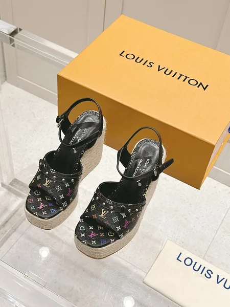 Louis Vuitton Women Black Leather Espadrille Wedge Sandals product photo