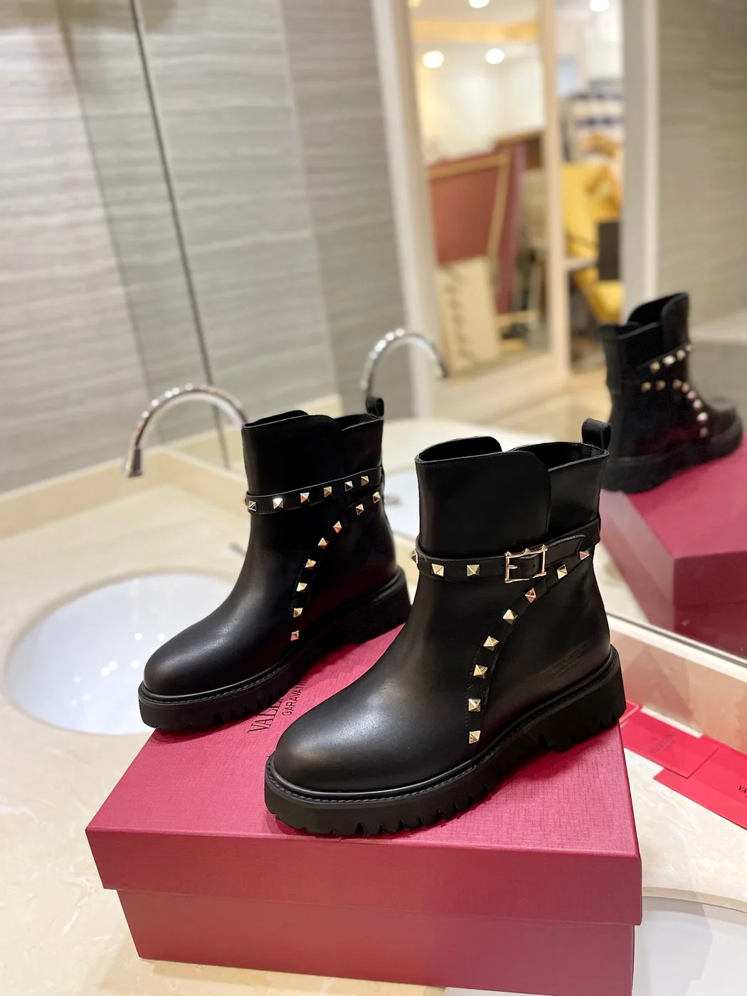 Valentino Women Black Leather Studded Boots product view 3