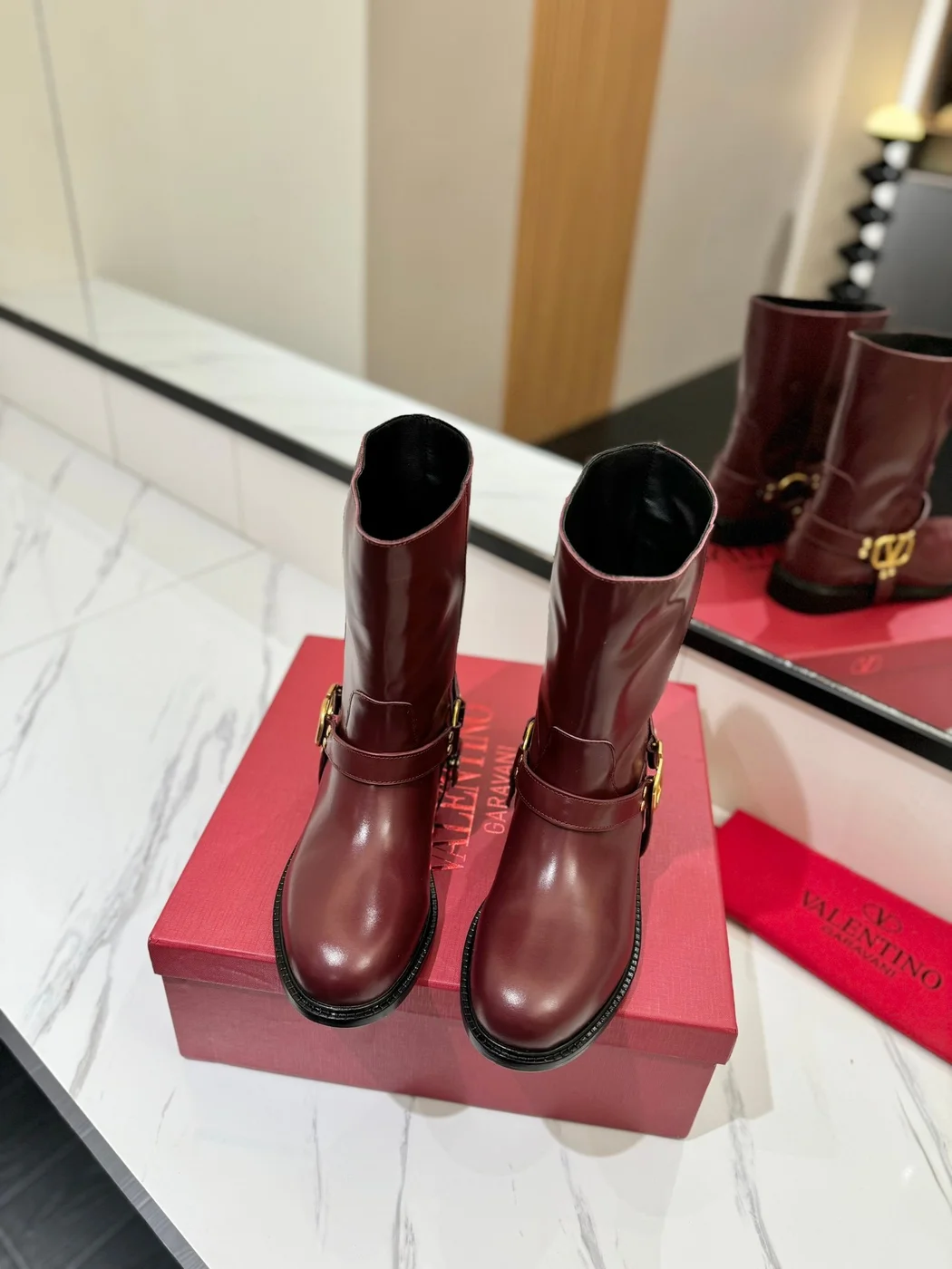 Valentino Women Burgundy Leather Mid-Calf Boots product view 4