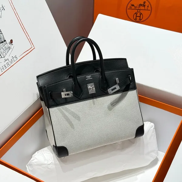 Hermès Birkin 25 cm In Black Swift White Toile Canvas (Custom-Made) Bag product photo