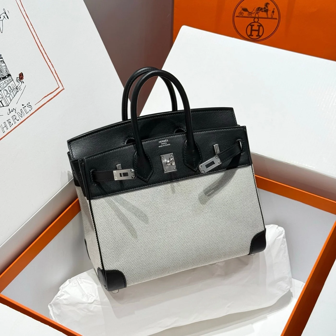 Hermès Birkin 25 cm In Black Swift White Toile Canvas (Custom-Made) Bag product view 1
