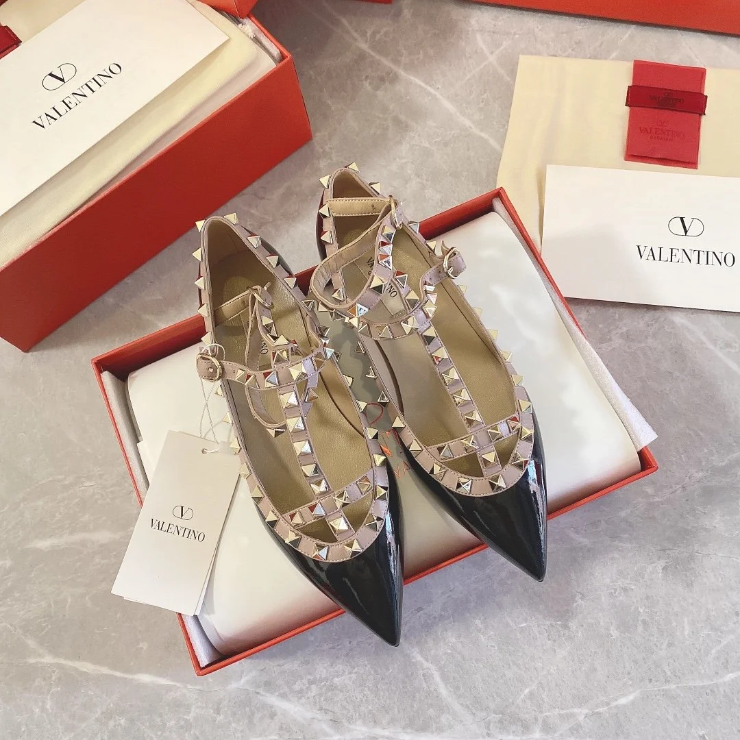 Valentino Women Black Studded T-Strap Pointed-Toe Flats product view 1