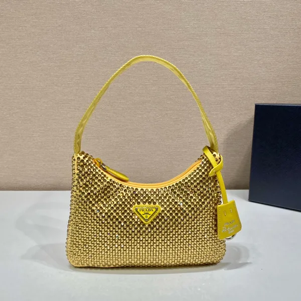 Prada Sparkling Hobo Bag 23 In Yellow Nylon Attached Fully Crystals product photo