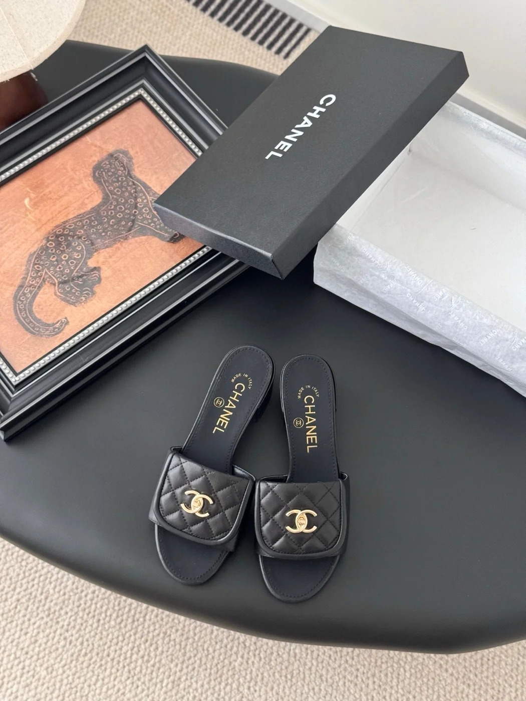 Chanel Women Black Quilted Leather Slides — Chain-Woven CC Detail product view 1