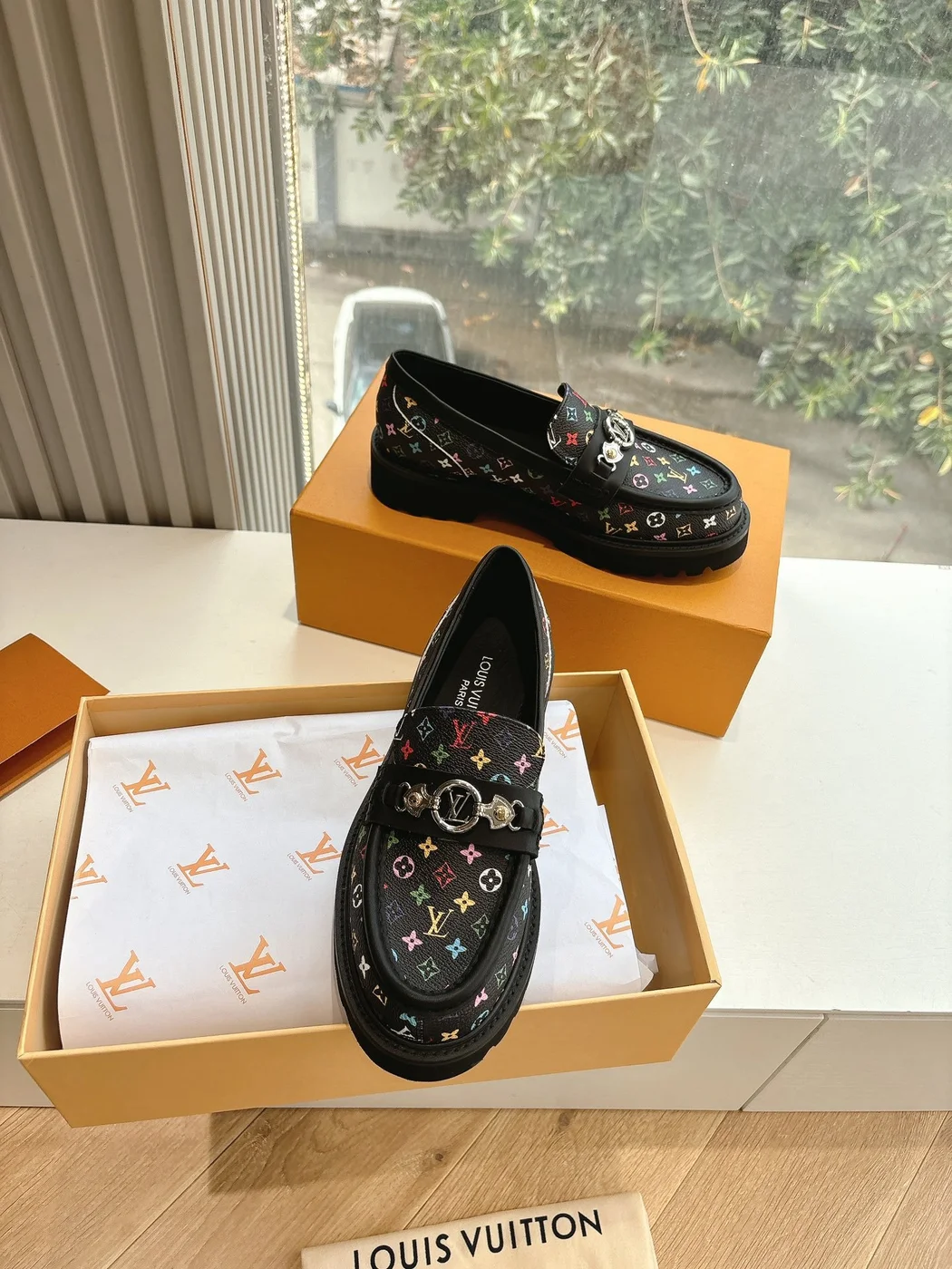 Louis Vuitton Women Black Patterned Leather Loafers product view 3