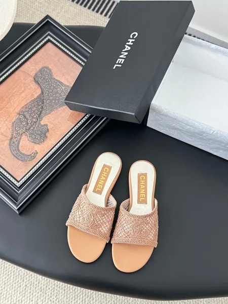 Chanel Women Woven-Fabric Slides — Peach with Fringe Detail product photo