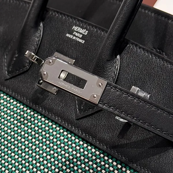 Hermès Birkin 25 cm In Black Swift Black/Mint/Blanc Toile Canvas (Custom-Made) Bag product view 4