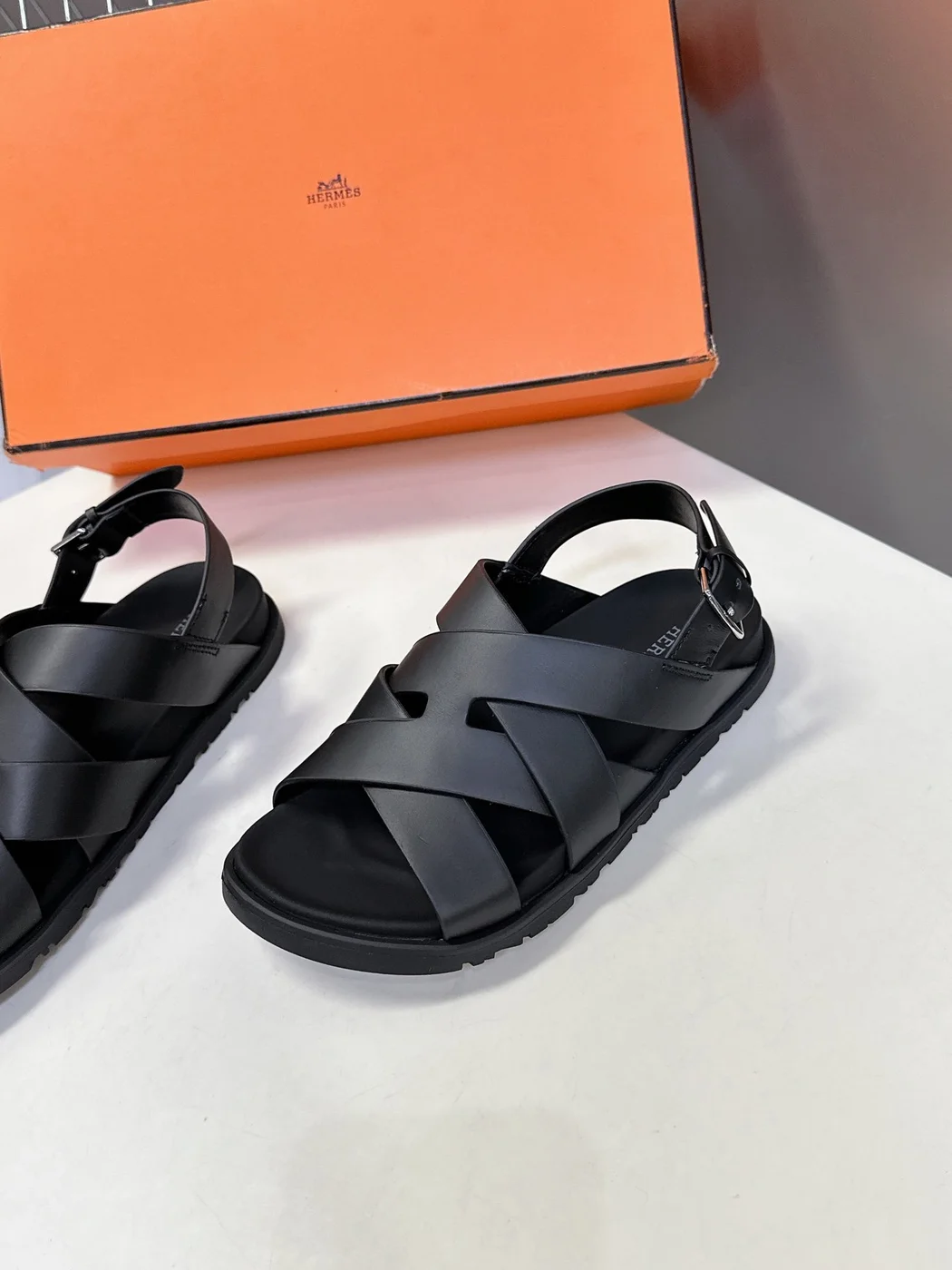 Hermès Women Black Leather Strappy Sandals — Wide Cross-Strap product view 4