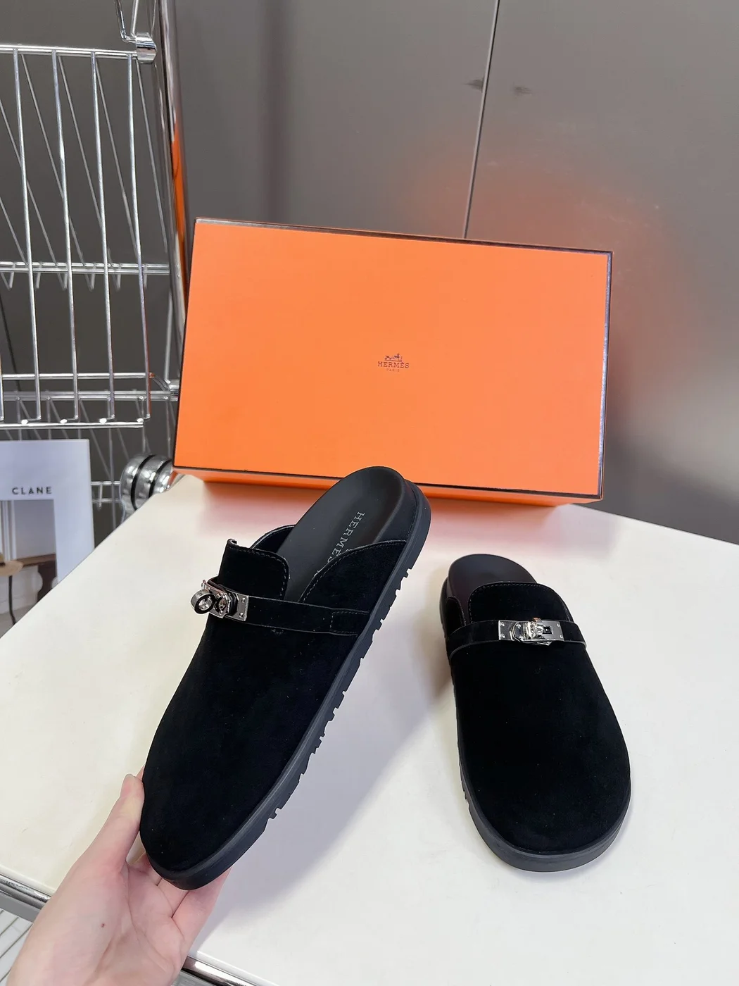 Hermès Women Black Suede Leather Slippers product view 3