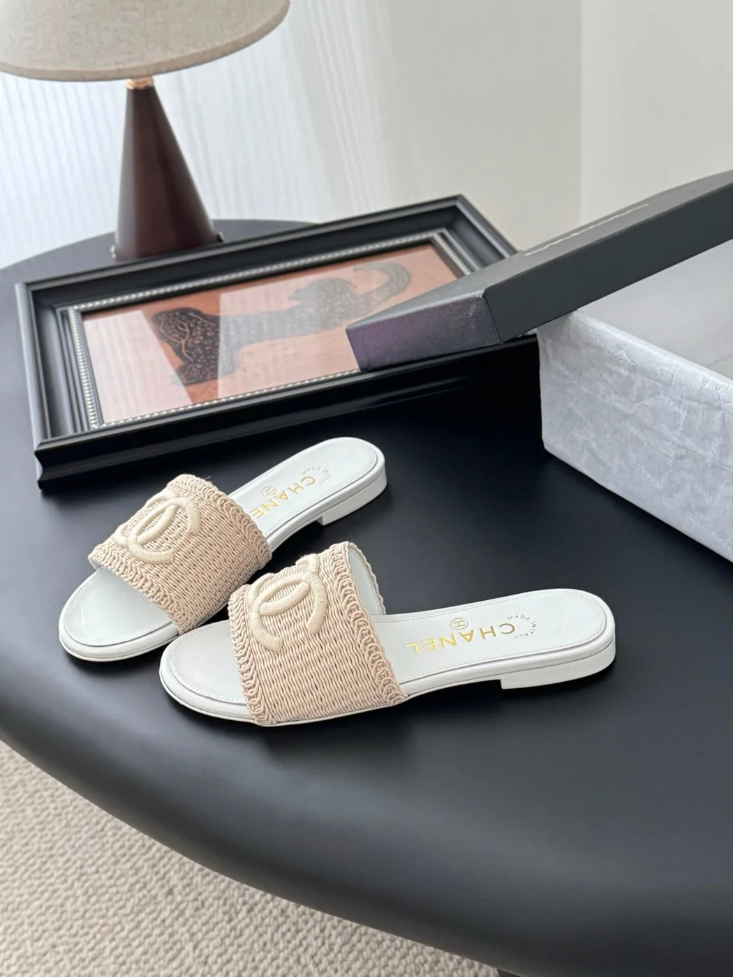 Chanel Women Woven-Fabric Slides — Beige with White Flat Sole product view 2