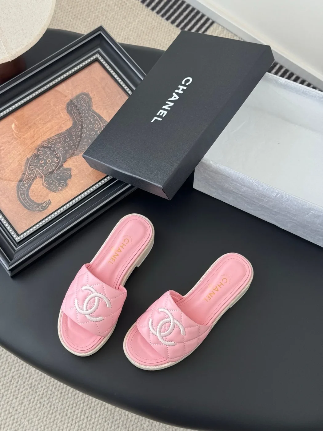 Chanel Women Pink Quilted Leather Slides — Tonal CC Detail product view 5