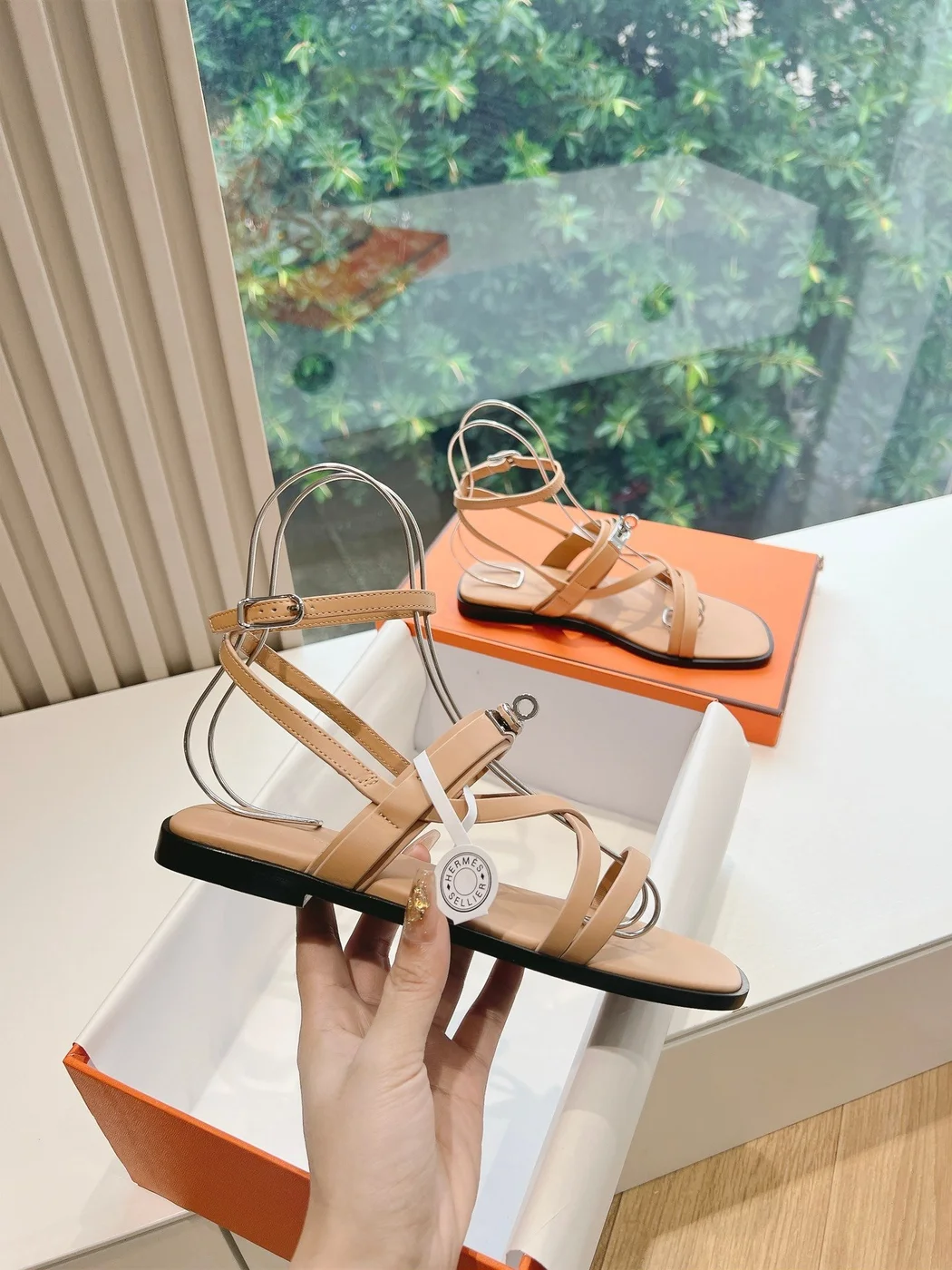 Hermès Women Beige Leather Strappy Sandals — Link-Detail T-Strap product view 5