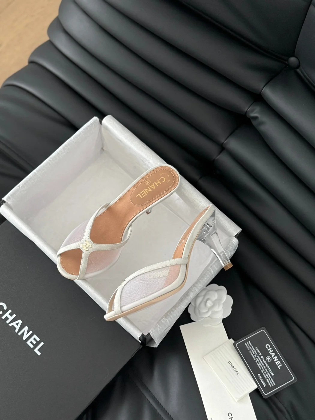 Chanel Women Beige Mesh And Leather Mules product view 5