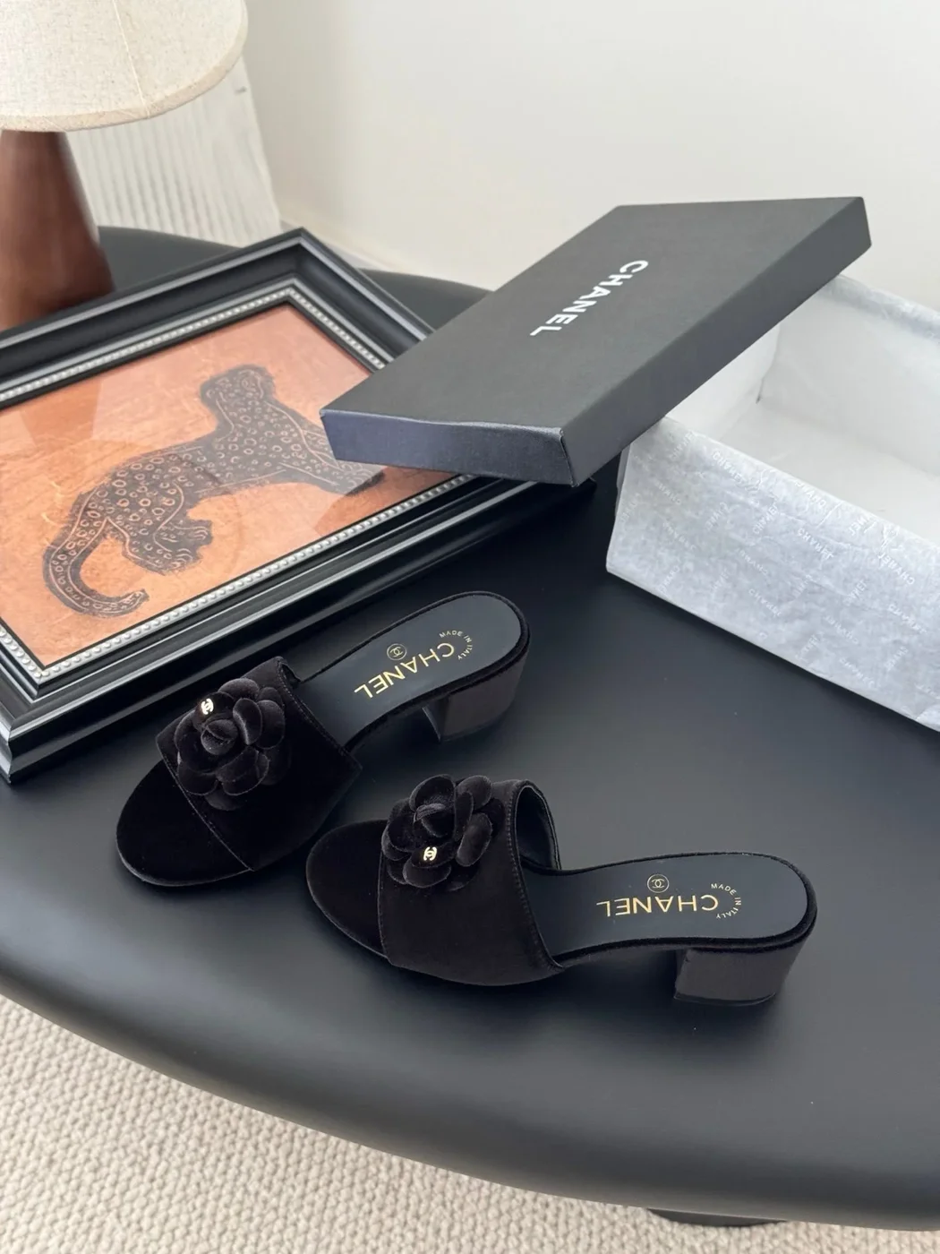 Chanel Women Black Velvet Flower Embellished Mules product view 2