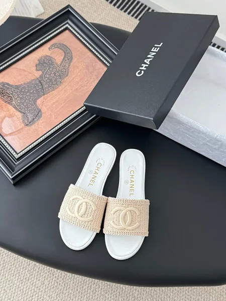 Chanel Women Woven-Fabric Slides — Beige with White Flat Sole product photo