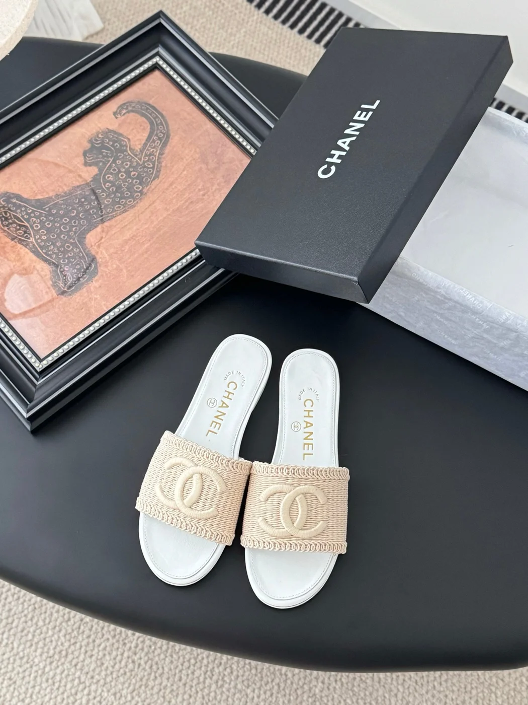 Chanel Women Woven-Fabric Slides — Beige with White Flat Sole product view 1