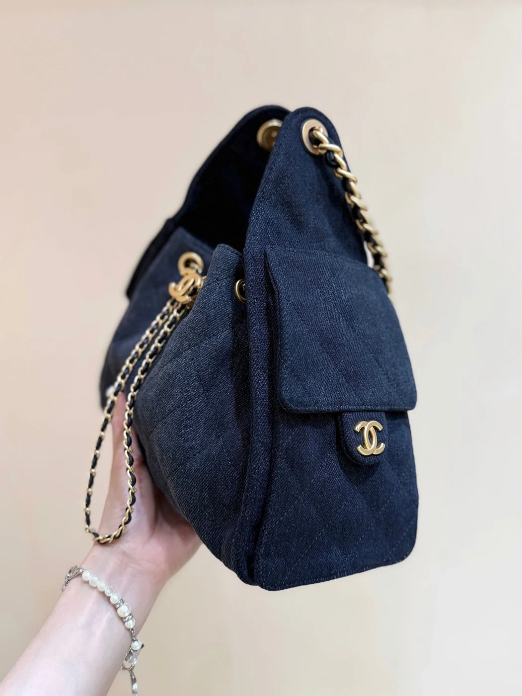 Chanel 25 Handbag 30 In Dark Blue Denim Gold Hardware product view 3