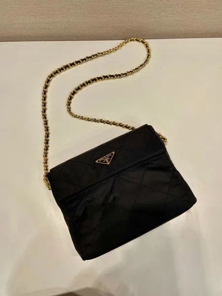 Prada Large Quilted Flap Bag 23 In Black Re-Nylon Fabric Gold Chain product view 3