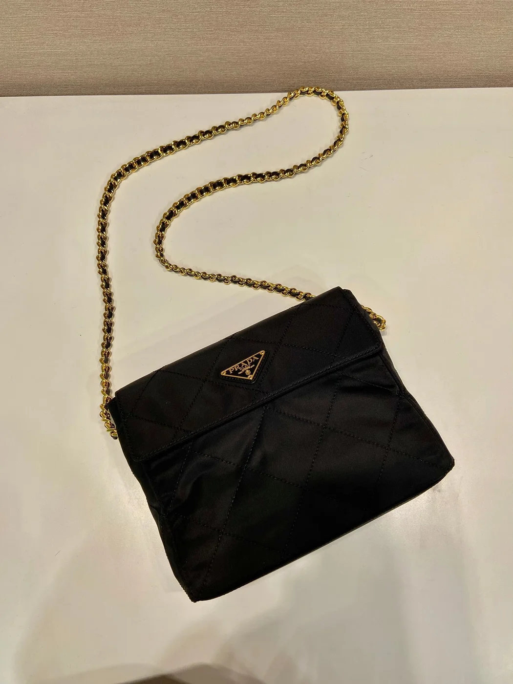 Prada Large Quilted Flap Bag 23 In Black Re-Nylon Fabric Gold Chain product view 3