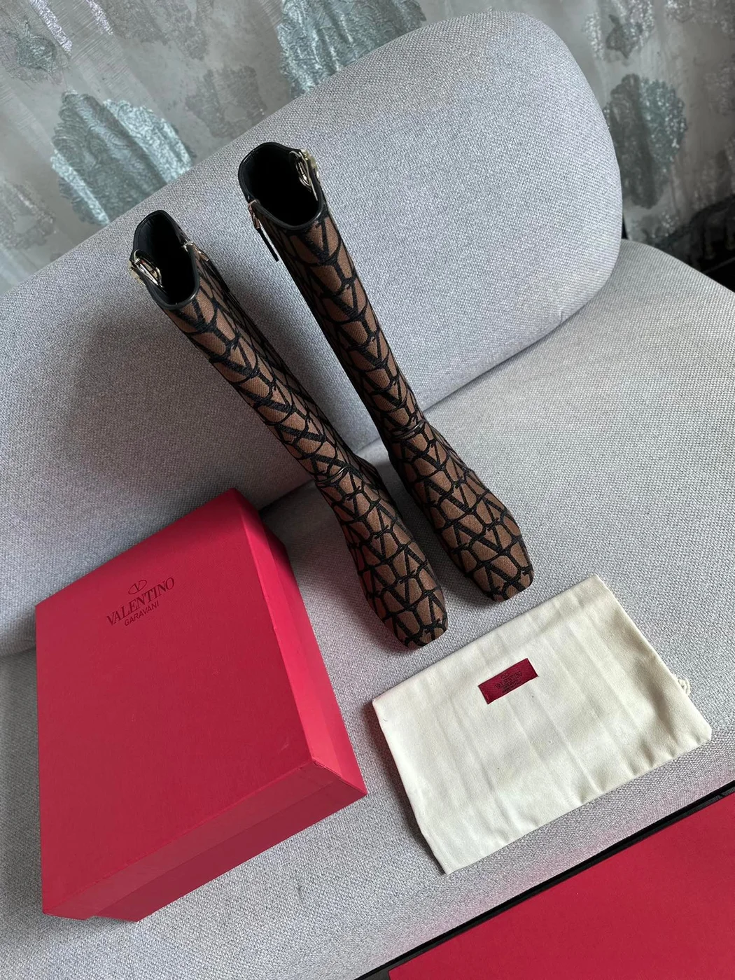 Valentino Women Brown Patterned Fabric Boots product view 3