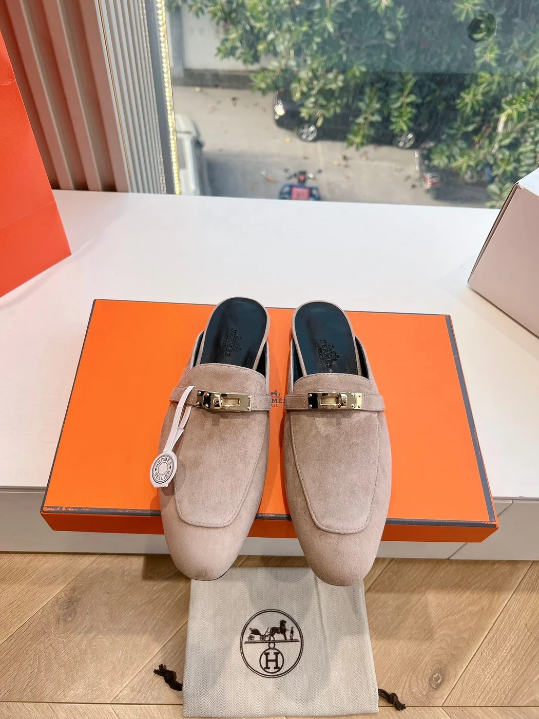 Hermès Women Beige Suede Mules — Metal-Bar Loafer Style product view 1