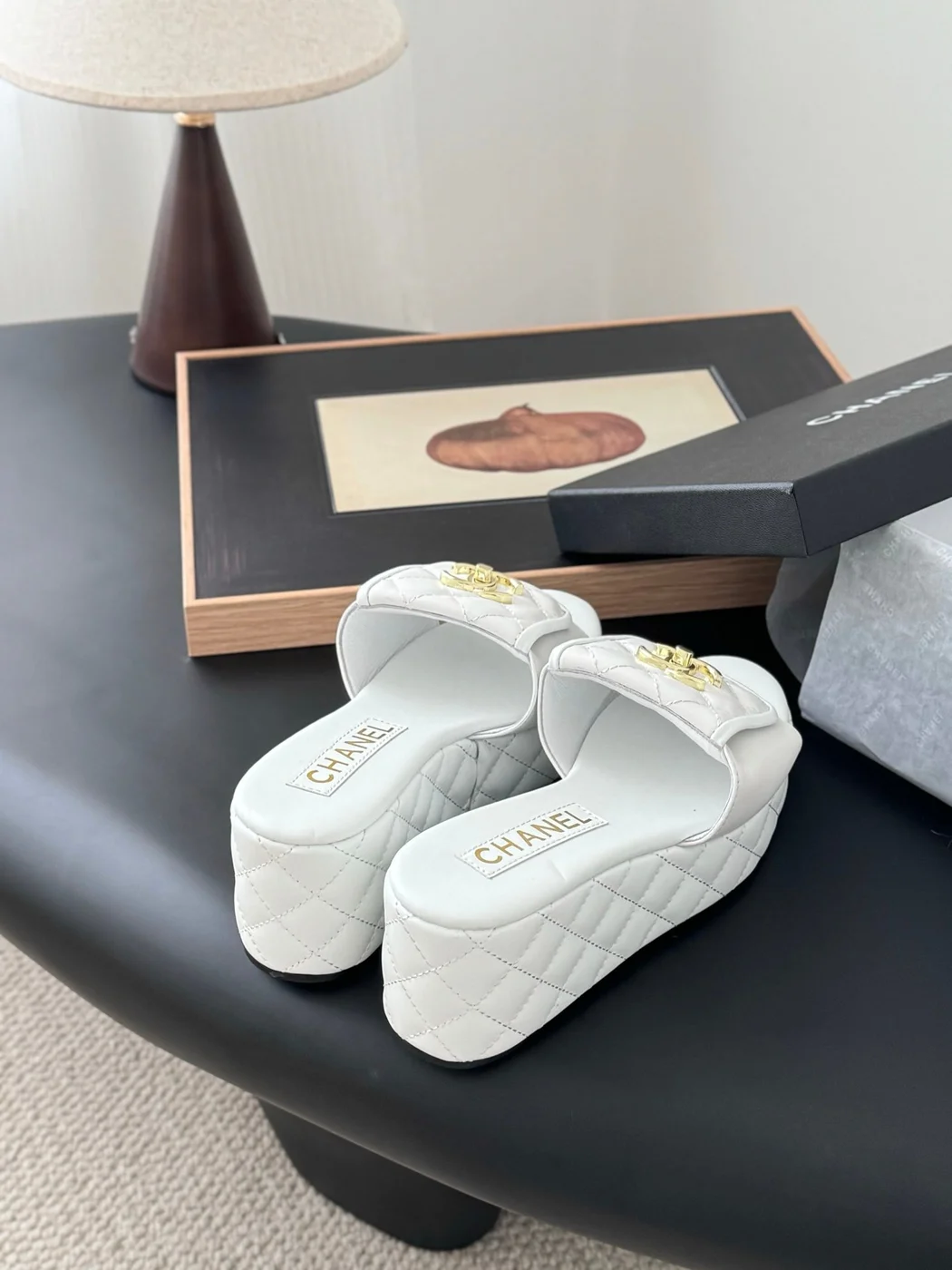 Chanel Women White Quilted Leather Slides — Gold-Tone CC Detail product view 3