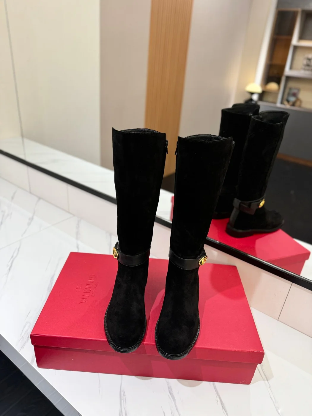 Valentino Women Black Suede Strap Boots — Knee Height product view 4