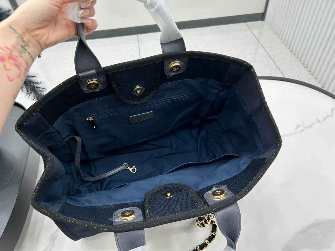Chanel Deauville Large 38 Tote Bag In Black Canvas With Gold Embroidered Logo product view 2