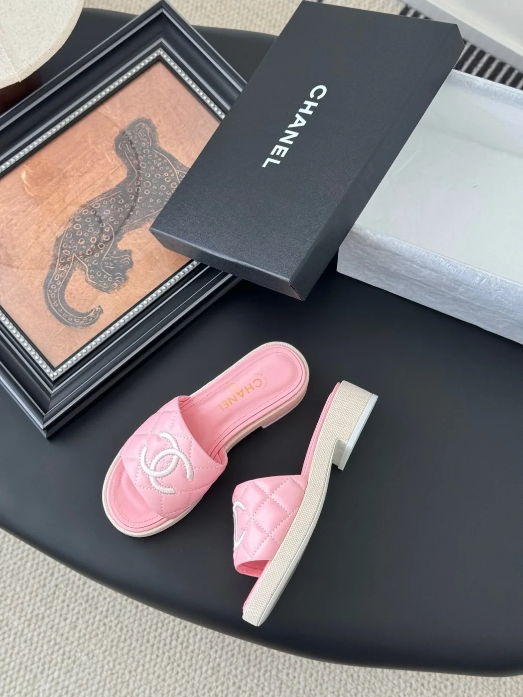 Chanel Women Pink Quilted Leather Slides — Tonal CC Detail product view 3