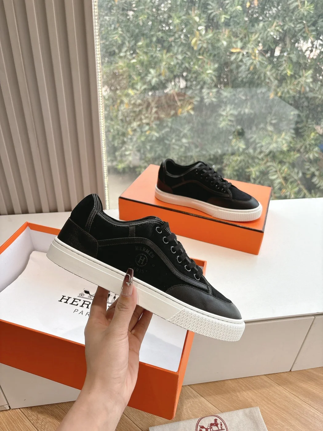 Hermès Women Black Suede Leather Sneakers product view 3
