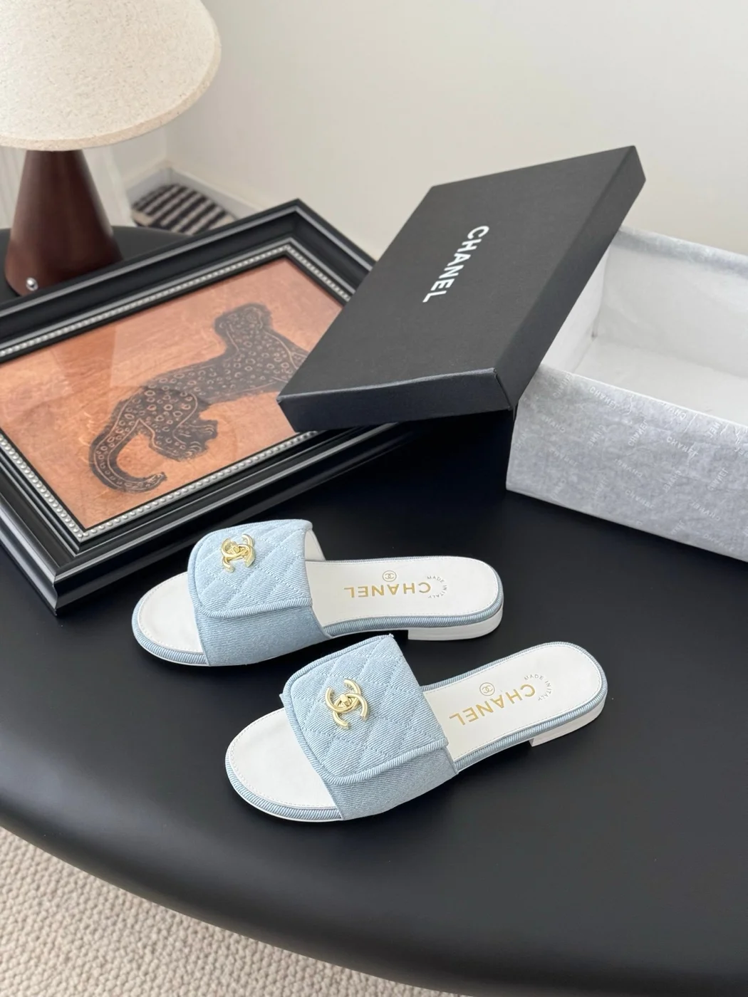 Chanel Women Quilted-Fabric Slides — Pale Blue and White product view 2