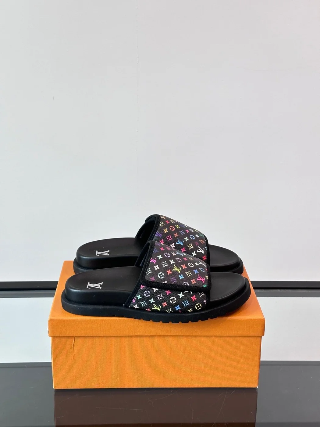 Louis Vuitton Men Black Canvas Multicolor Print Slides product view 1