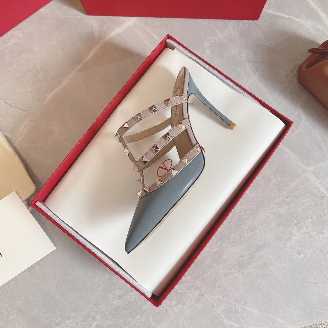 Valentino Women Blue Leather Studded Mules product view 4