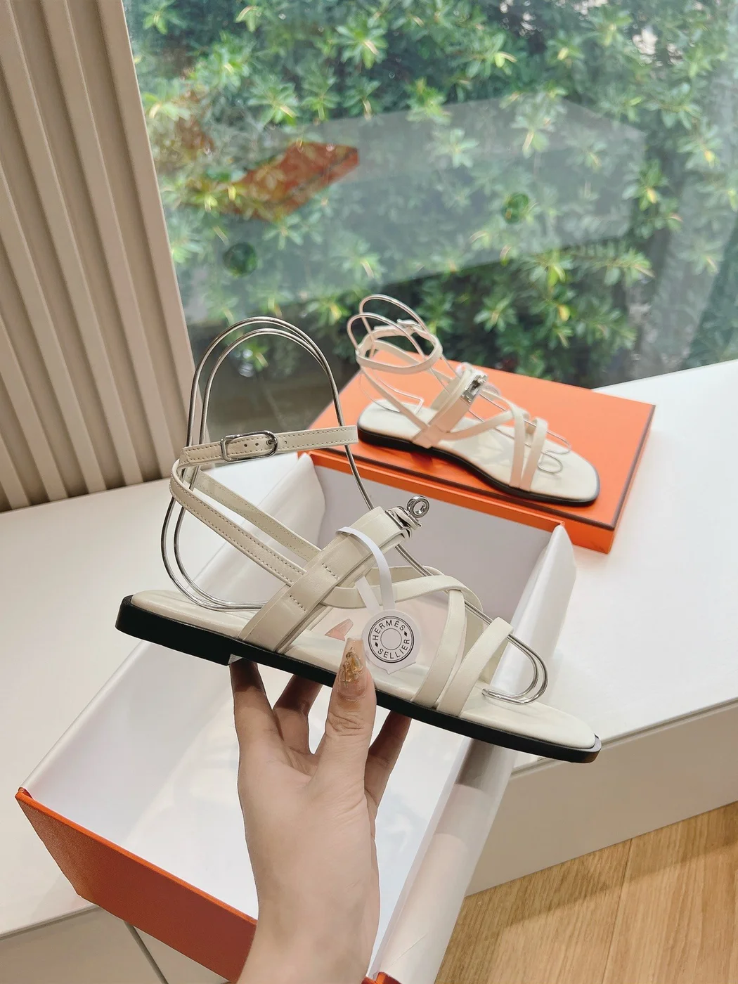 Hermès Women White Leather Strappy Sandals product view 5