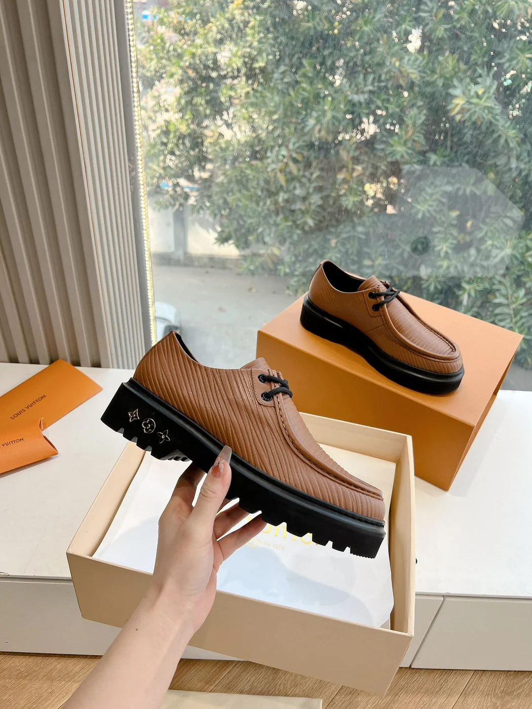 Louis Vuitton Women Brown Textured Leather Loafers product view 3