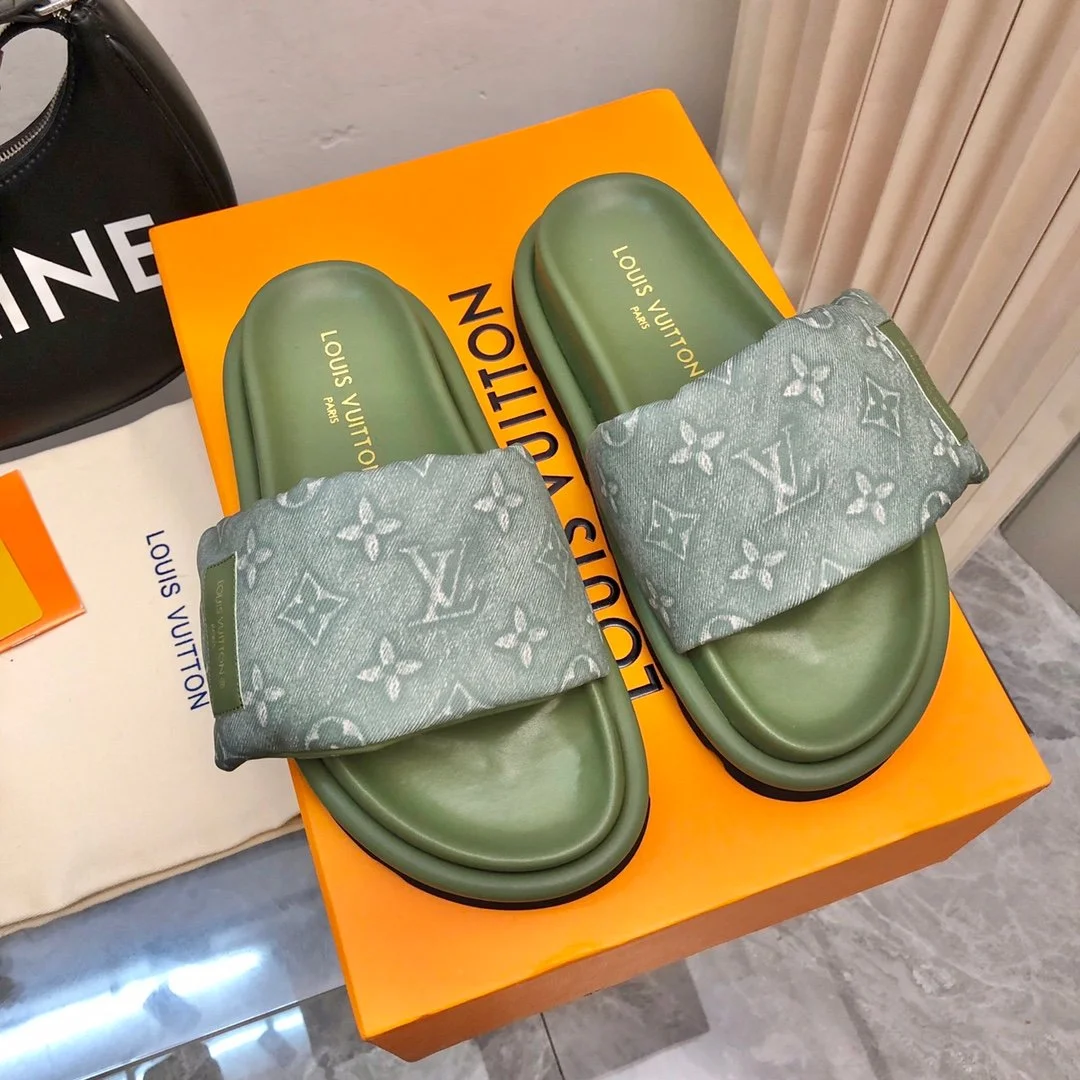 Louis Vuitton Women Green Fabric Strap Rubber Sole Sandals product view 1