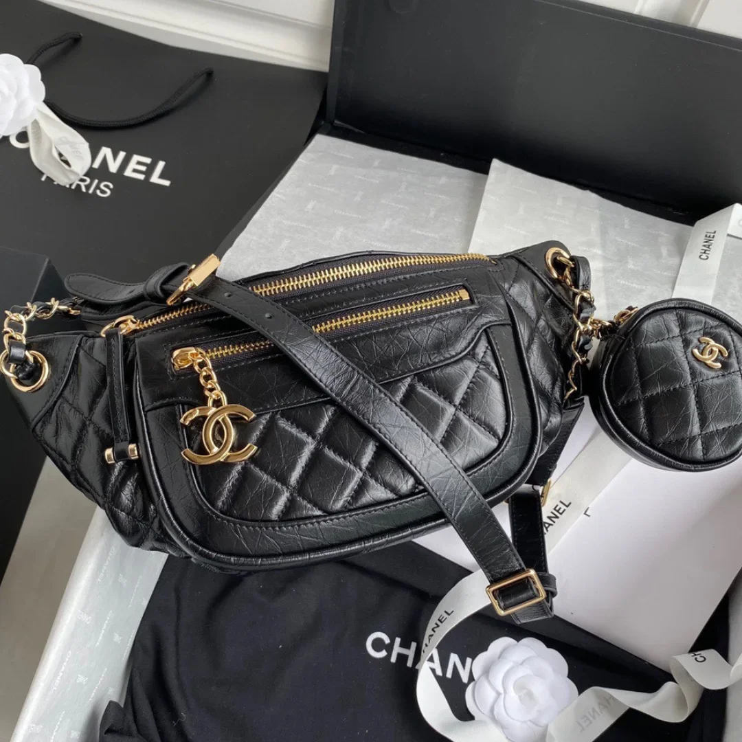 Chanel Bumbag Black Wrinkled Leather Lock Gold Handbags 34x15x6cm product view 1