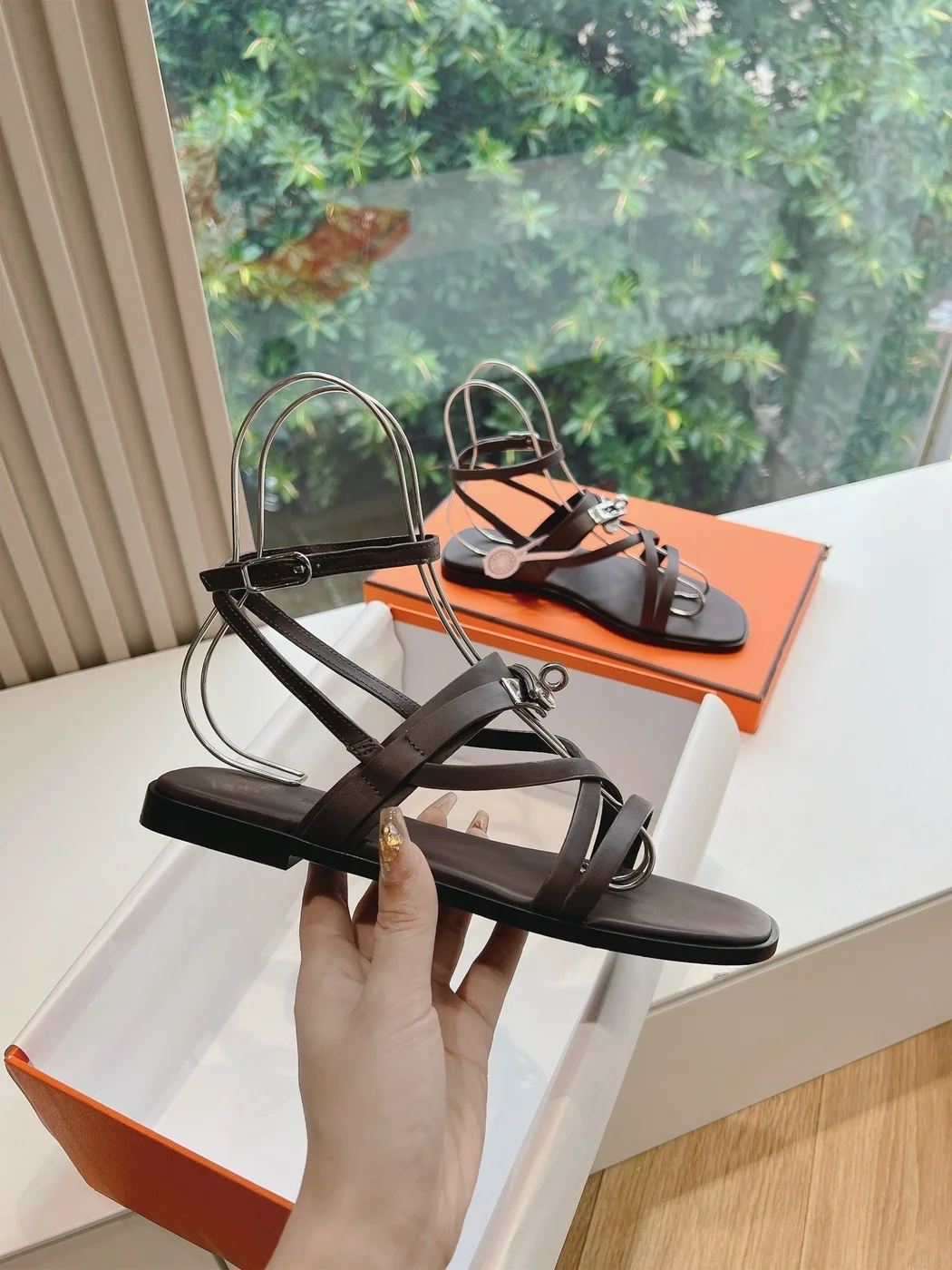 Hermès Women Dark Brown Leather Strappy Sandals product view 5
