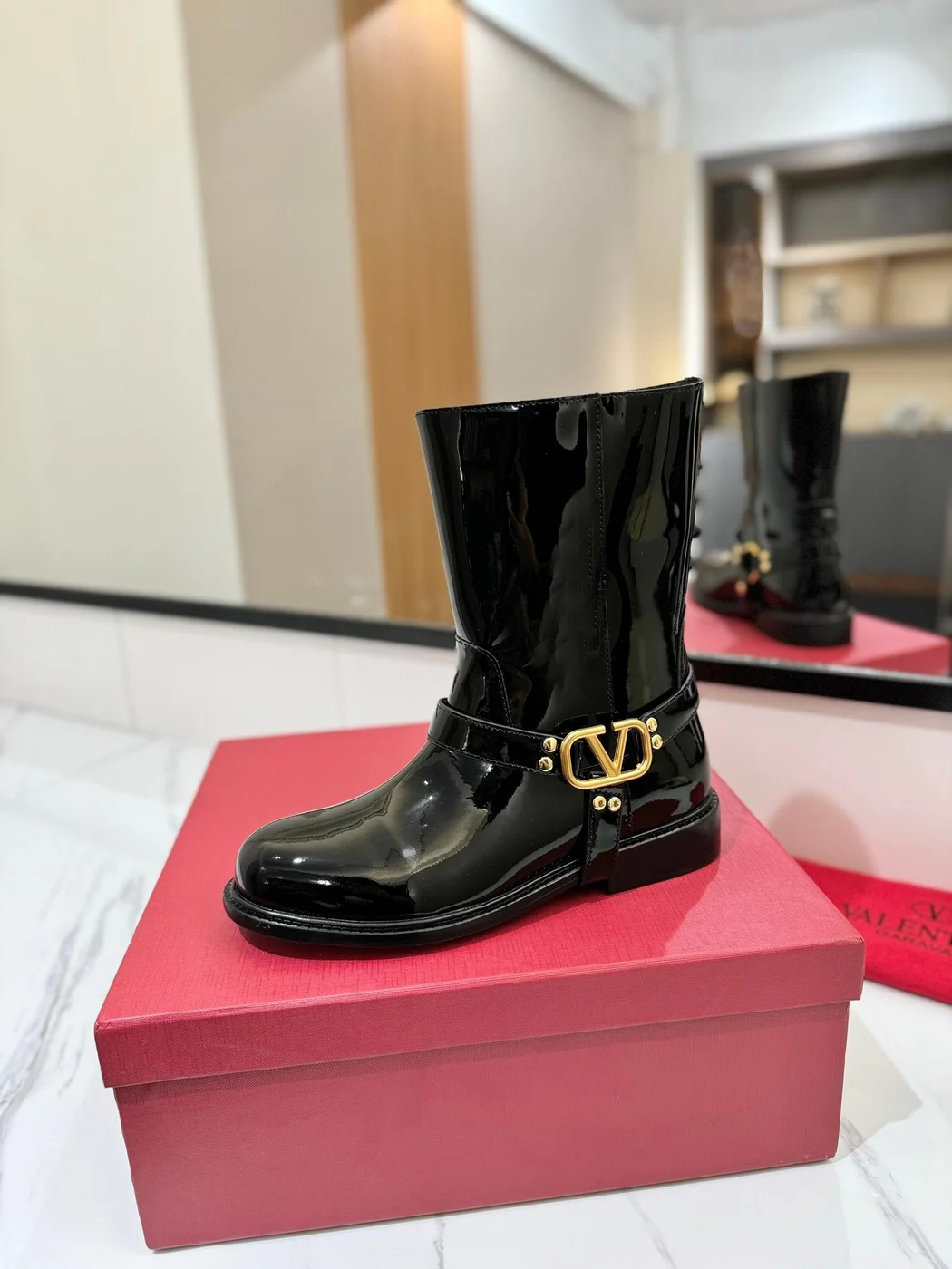 Valentino Women Black Patent Leather Boots — VLogo Ankle-Strap Style product view 5