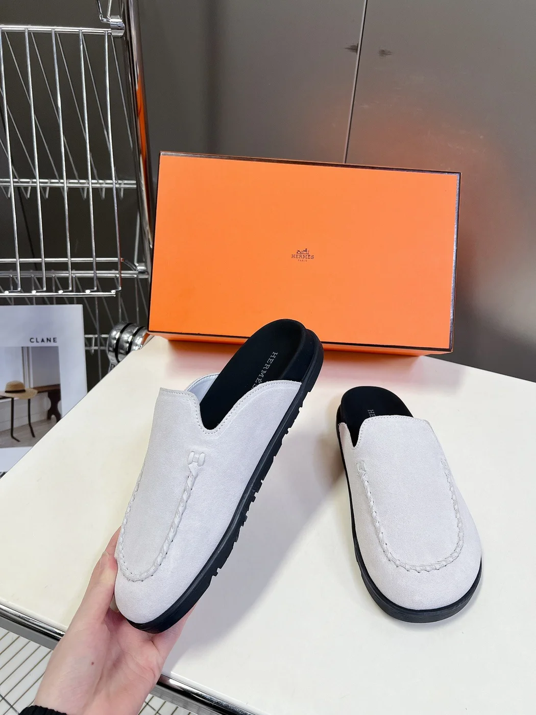 Hermès Women White Suede Leather Slippers product view 3