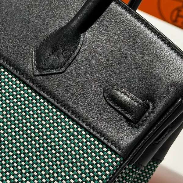 Hermès Birkin 25 cm In Black Swift Black/Mint/Blanc Toile Canvas (Custom-Made) Bag product view 9