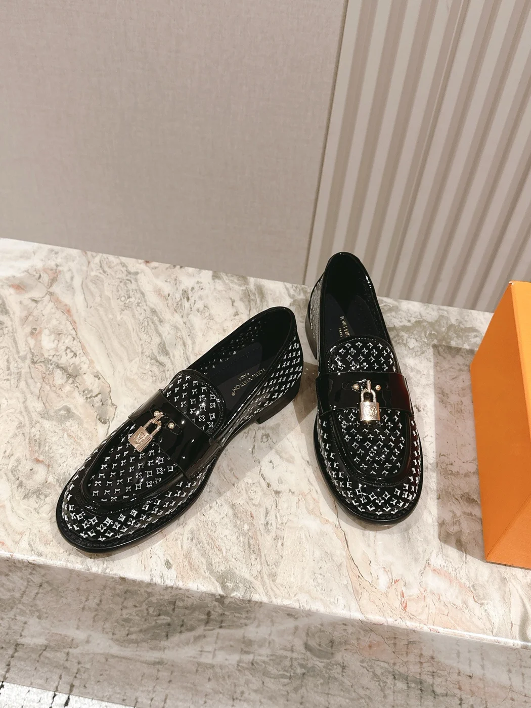 Louis Vuitton Women Black Patent Leather Loafers — Tonal Patterned Upper product view 4
