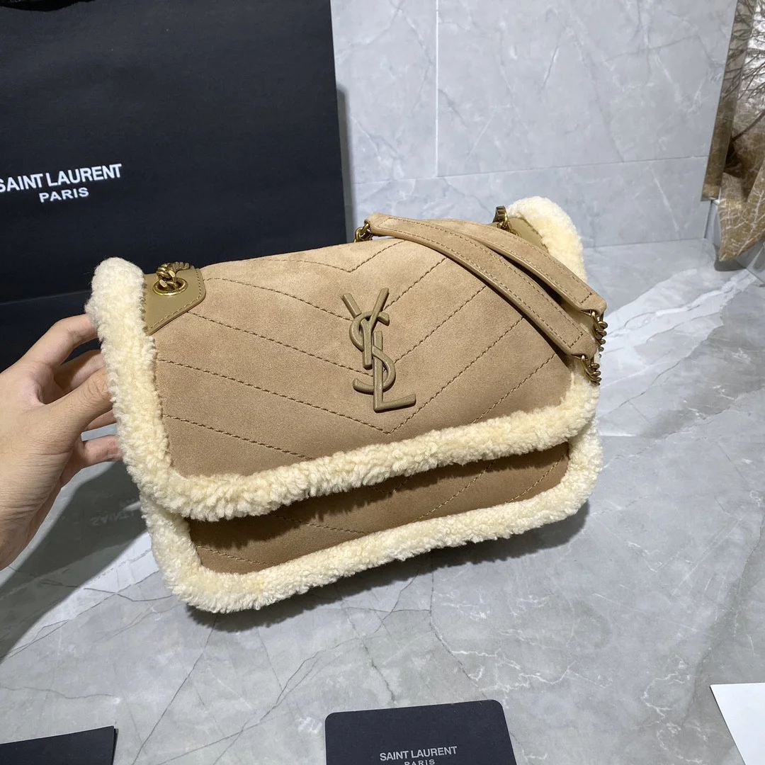 Saint Laurent Medium Niki Shoulder Bag in Tan/Cream Nubuck and Shearling Brown Beige product view 1
